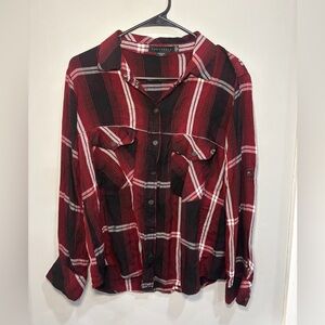 Anthropologie Sanctuary Plaid Flannel Boyfriend Shirt Red Black Snap Button XS